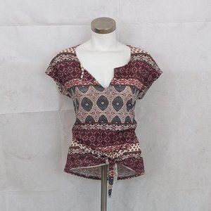 Women's Lucky Brand Boho Patchwork Tie-waste Short Sleeve Top Size S